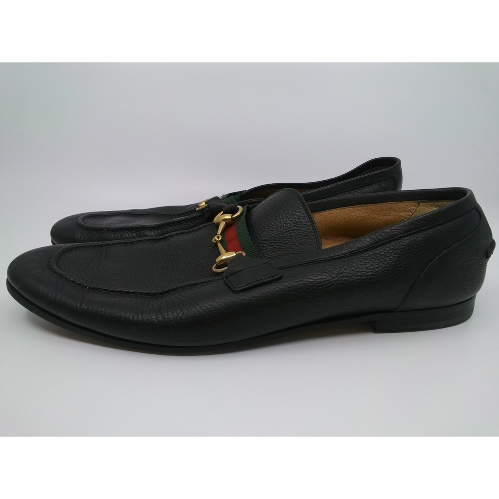 Gucci Mens Black Pebbled Leather Horsebit Web Stripe Loafers 322500 Size 9.5
